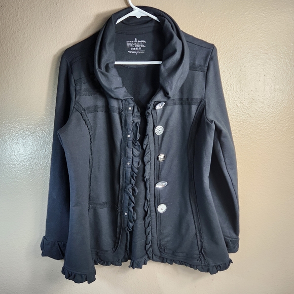 neon buddha Jackets & Blazers - Neon Buddha Womens |L| Black Rhinestone Buttons Lagenlook Knit Ruffled Jacket